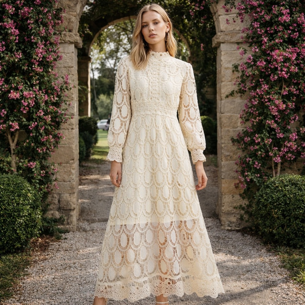 High-Neck Cream Lace Midi Dress with Long Sleeves